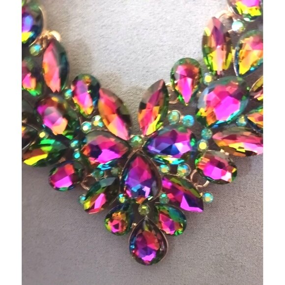 Rainbow Acrylic Crystal Statement Necklace With Gold-Tone Chain - Picture 1 of 2